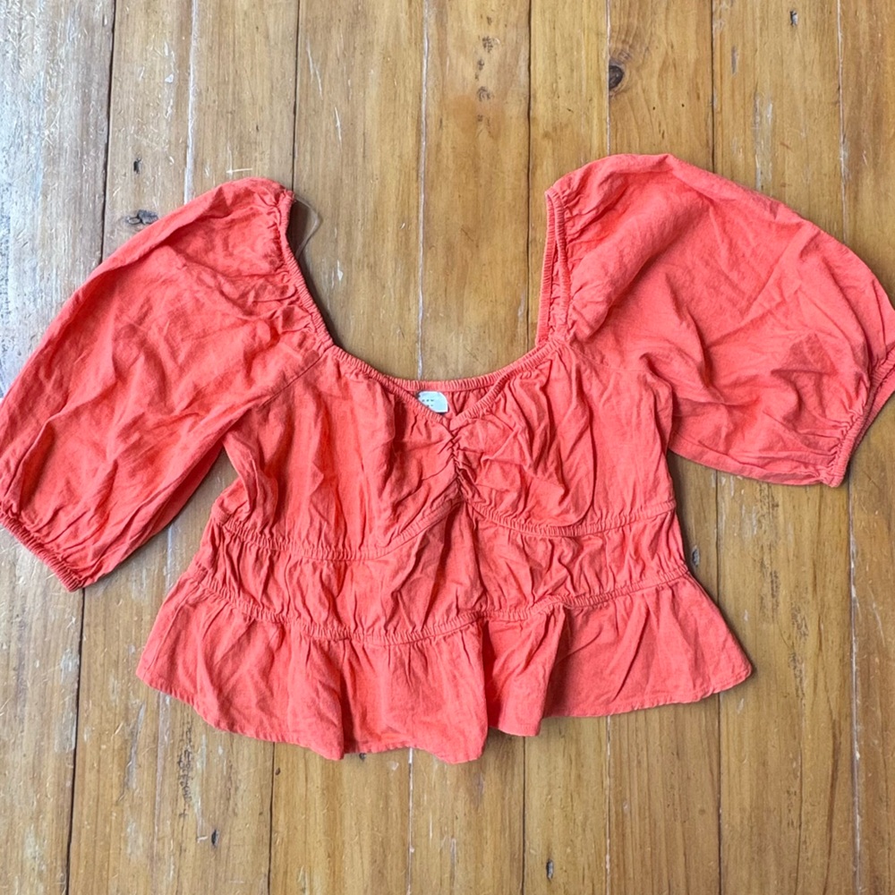 a new day Coral Peasant Cropped Blouse